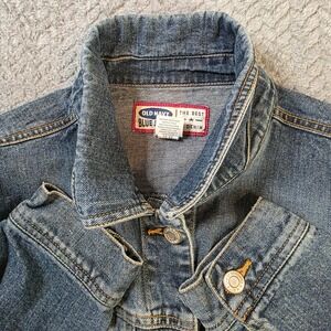 Old Navy Womens Denim Jacket Large Blue Jean Trucker Distressed Stain Flaw